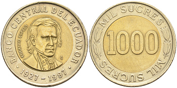 Эквадор 1000 сукре 1997 Эухенио Эспехо, год тип KM 103 биметалл    4595-655