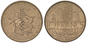 Франция 10 франков 1977 тип Матье KM 940, Le Franc 365.9-10 никель латунь 4123-616