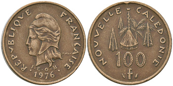 Французская Новая Каледония 100 франков 1976 хижина среди сосен и пальм, (IEOM) KM 15, Schoen 16, Lec 130 никель латунь 4137-531