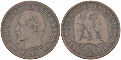 ФРАНЦИЯ 5 САНТИМОВ 1853 A, НАПОЛЕОН III (1852-1870) KM 777.1, LE FRANC 116.1 бронза 108-244