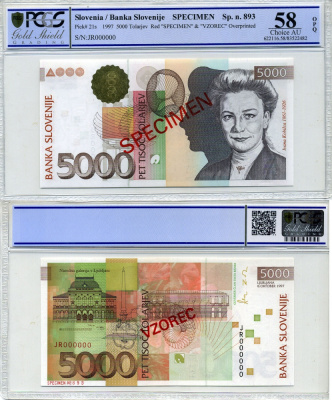 Словения 5000 толаров 1997 Specimen, образец, в слабе PCGS 58 Choice UNC, Ивана Кобильца (1861-1926) Pick 21s бумага UNC (пресс) 452-1-33