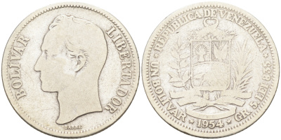Венесуэла 1 боливар 1954 Р, Симон Боливар KM 37 серебро 4589-852