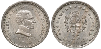 Уругвай 25 сентесимо 1960 KM 40 медно-никель 4169-869