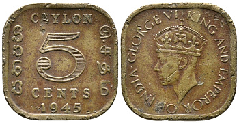ЦЕЙЛОН 5 ЦЕНТОВ 1945 ГЕОРГ VI KM 113.2 никель латунь 100-1239