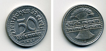 ГЕРМАНИЯ 50 ПФЕННИГОВ 1920 D KM 27, J. 301 алюминий 57-315