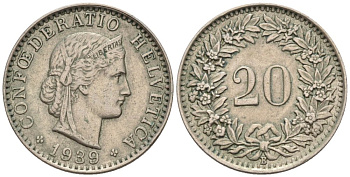 Швейцария 20 раппенов 1939 В KM 29 никель 4576-958