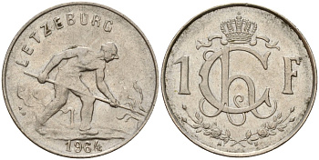 Люксембург 1 франк 1964 сталевар KM 46.2 медно-никель 4597-1144