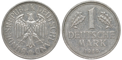 ФРГ 1 марка 1989 D J 385, KM 110 медно-никель 51-3012