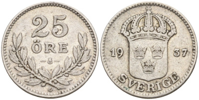 Швеция 25 эре 1937 G, Густав V (1907-1950) KM 785 серебро 4147-939