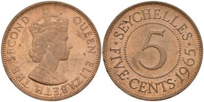 Сейшельские Острова 5 центов 1965 KM 16 бронза UNC 4599-1146
