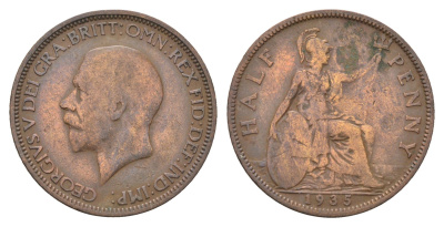 Великобритания 1/2 пенни 1935 Георг V (1910-1936) KM 837, Spink 4058 бронза 4662-1041