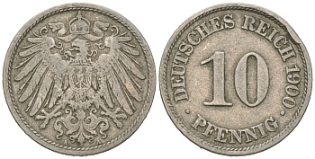 Германия 10 пфеннигов 1900 A, Вильгельм II (1888-1918) KM 12, J. 13 медно-никель 4615-746