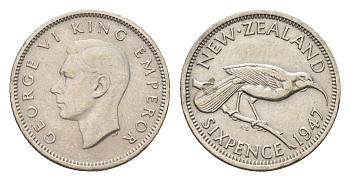 Новая Зеландия 6 пенсов 1947 Георг VI (1936-1952), разноклювая гуйя, год-тип KM 8a медно-никель 4669-614