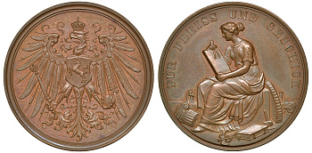 Германия поощрительная медаль XIX век, За усердие и мастерство, в родной коробочке, 36 мм, 19 гр бронза UNC 4-5-3-16