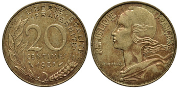 Франция 20 сантимов 1987 тип Marianne KM 930, Le Franc 156.27 медь алюминий никель 186-856