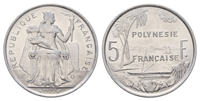 Французская Полинезия 5 франков 1977 KM 12 алюминий UNC 109-934