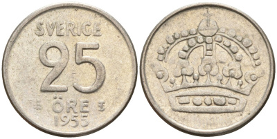 Швеция 25 эре 1955 TS, Густав VI Адольф (1950-1973) KM 824 серебро 4147-1043