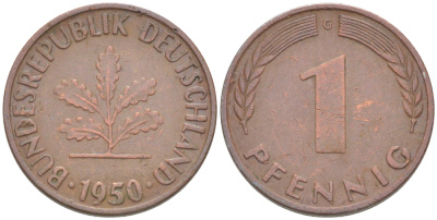 ФРГ 1 ПФЕННИГ 1950 G KM 105, J. 380 сталь плакированная медью 4181-535