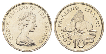 Фолклендские острова (Фолкленды) 10 пенсов 1980 Елизавета II (1952-2022), южные морские котики KM 5.1 медно-никель UNC 4666-357
