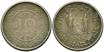 Суринам 10 центов 1974 KM 13 медно-никель 4174-819