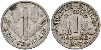 Франция 1 франк 1943 правительство Виши KM 902.1, Le Franc алюминий 4126-647