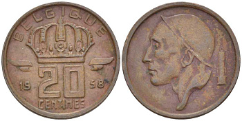БЕЛЬГИЯ 20 САНТИМОВ 1958 BELGIQUE KM 146 бронза 66-939