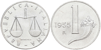 Италия 1 лира 1955 R, весы KM 91 алюминий  UNC  4594-642