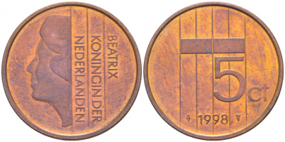 НИДЕРЛАНДЫ 5 ЦЕНТОВ 1998 БЕАТРИКС KM 202 бронза 4547-822