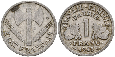 Франция 1 франк 1943 правительство Виши KM 902.1, Le Franc алюминий 4126-647