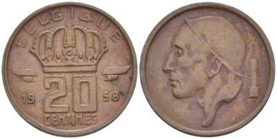 БЕЛЬГИЯ 20 САНТИМОВ 1958 BELGIQUE KM 146 бронза 66-939