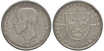 Швеция 5 крон 1935 G, Густав V (1907-1950), 500 лет шведскому парламенту KM 806 серебро 4552-733