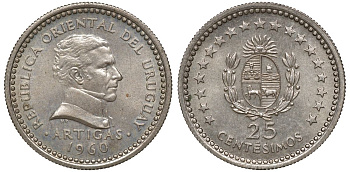 Уругвай 25 сентесимо 1960 KM 40 медно-никель 4169-763