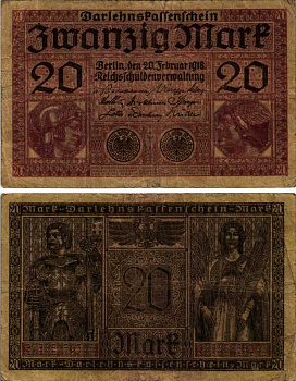 ГЕРМАНИЯ 20 МАРОК 1918 20 ФЕВРАЛЯ 1918, СЕРИЯ B, КРАСНАЯ, МИНЕРВА И МЕРКУРИЙ Pick 57, Rosenberg 55 бумага 6318-16-1-1