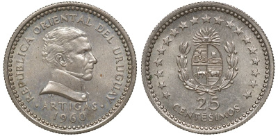 Уругвай 25 сентесимо 1960 KM 40 медно-никель 4169-763