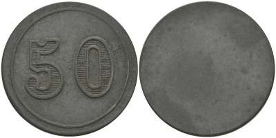 ФРАНЦИЯ 50 САНТИМОВ ND ПЛАТЕЖНЫЙ ЖЕТОН НАЧАЛА XX ВЕКА, ОДНОСТОРОННИЙ ЧЕКАН, ЦИФРЫ НОМИНАЛА 11 ММ., ДИАМЕТР 24 ММ. цинк 65-413