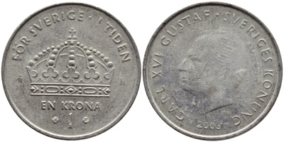 Швеция 1 крона 2003 Карл XVI Густав (1973- ) KM 894 медно-никель 3999-1257