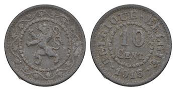 Бельгия 10 сантимов 1915 германская оккупация Первая мировая война, Альберт I (1910-1934) KM 81 цинк 4649-561