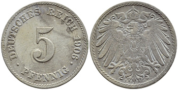 Германия 5 пфеннигов 1906 J KM 11, Jager 12, Weege 6 медно-никель 4396-261