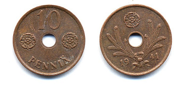 ФИНЛЯНДИЯ 10 ПЕННИ 1941 KM 33.1 медь 51-4915