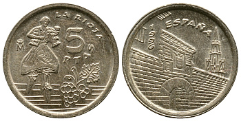 Испания 5 песет 1996 Хуан Карлос I (1975-2014), Риоха (La Rioja) KM 960 алюминиевая бронза 176-754