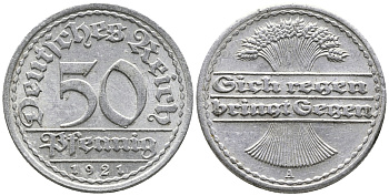 ГЕРМАНИЯ 50 ПФЕННИГОВ 1921 A KM 27, J. 301 алюминий 24-1041