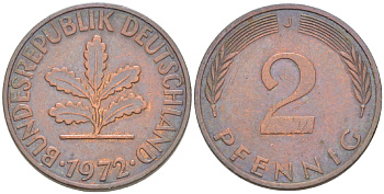 ФРГ 2 ПФЕННИГА 1972 J KM 106а, J. 381а сталь плакированная сталь плакированная медьюю 4181-766