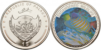 Палау 1 доллар 2008 серия вымирающие виды, рыба королевский ангел, цветная эмаль KM 166 медно-никель PROOF M1-05
