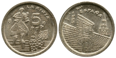 Испания 5 песет 1996 Хуан Карлос I (1975-2014), Риоха (La Rioja) KM 960 алюминиевая бронза 176-754