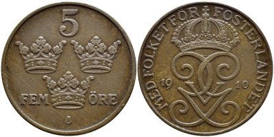 Швеция 5 эре 1910 Густав V (1907-1950), RARE KM 779.2 бронза VF 4394-831