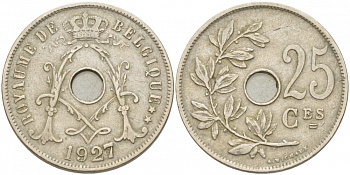 БЕЛЬГИЯ 25 САНТИМОВ 1927 BELGIQUE KM 68.1 медно-никель 87-1537