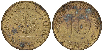 ФРГ 10 пфеннигов 1950 D KM 108, J. 383 сталь плакированная латунью 4132-522