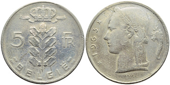 БЕЛЬГИЯ 5 ФРАНКОВ 1963 BELGIE KM 135.1 медно-никель 3999-914