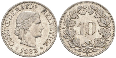 Швейцария 10 раппенов 1932 B KM 27b никель     3309-559