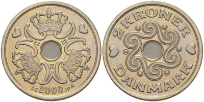 ДАНИЯ 2 КРОНЫ 2000 LG; JP; A, МАРГРЕТЕ II (1972-) KM 874.1 медно-никель 202-837